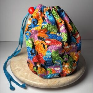 Handmade Laurel Burch Drawstring Pouch Small Rainbow Cat Print Project Bag